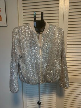 LOFT Silver Sequin Bomber Jacket with Ribbed Trim